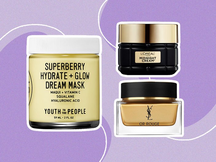 collage of night creams from all price ranges on a purple background